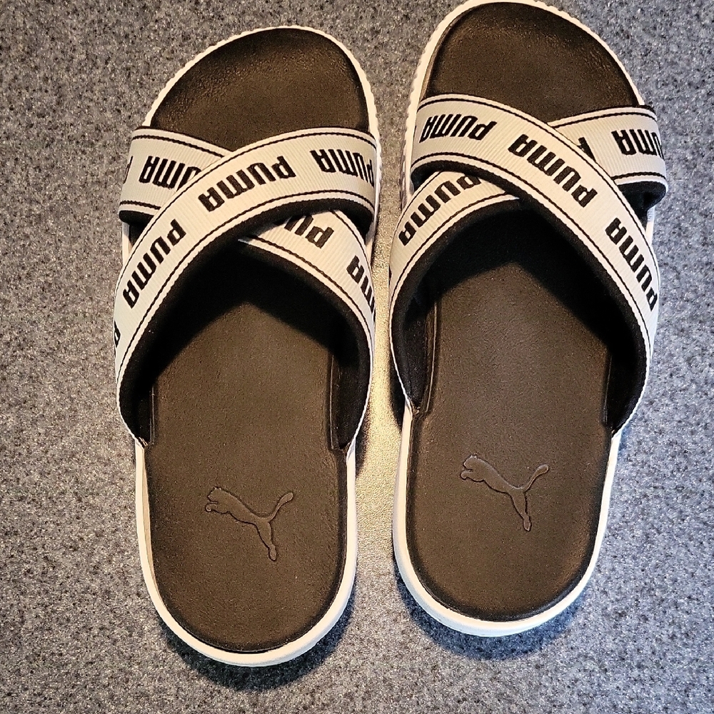 Puma Black and White Criss-Cross Slides
